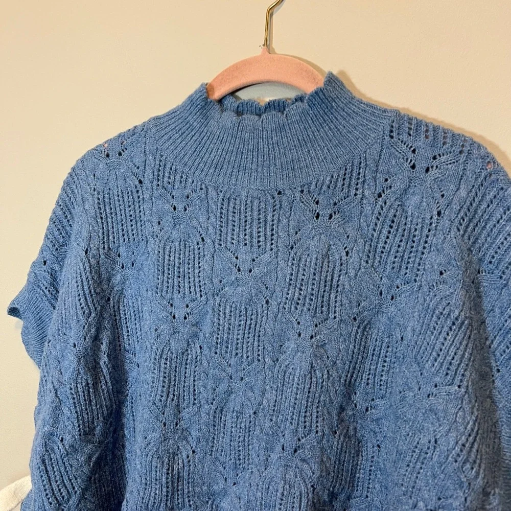 AnnieWear Los Angeles Blue Pointelle Knit Poncho Scalloped Side Tie Sweater L